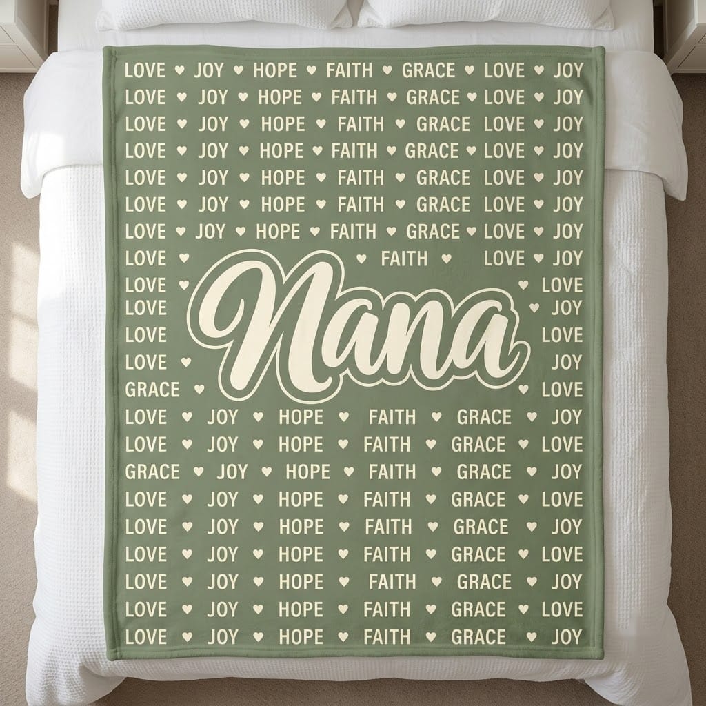 Nana blanket with grandkids names style word pattern in sage green on a bed