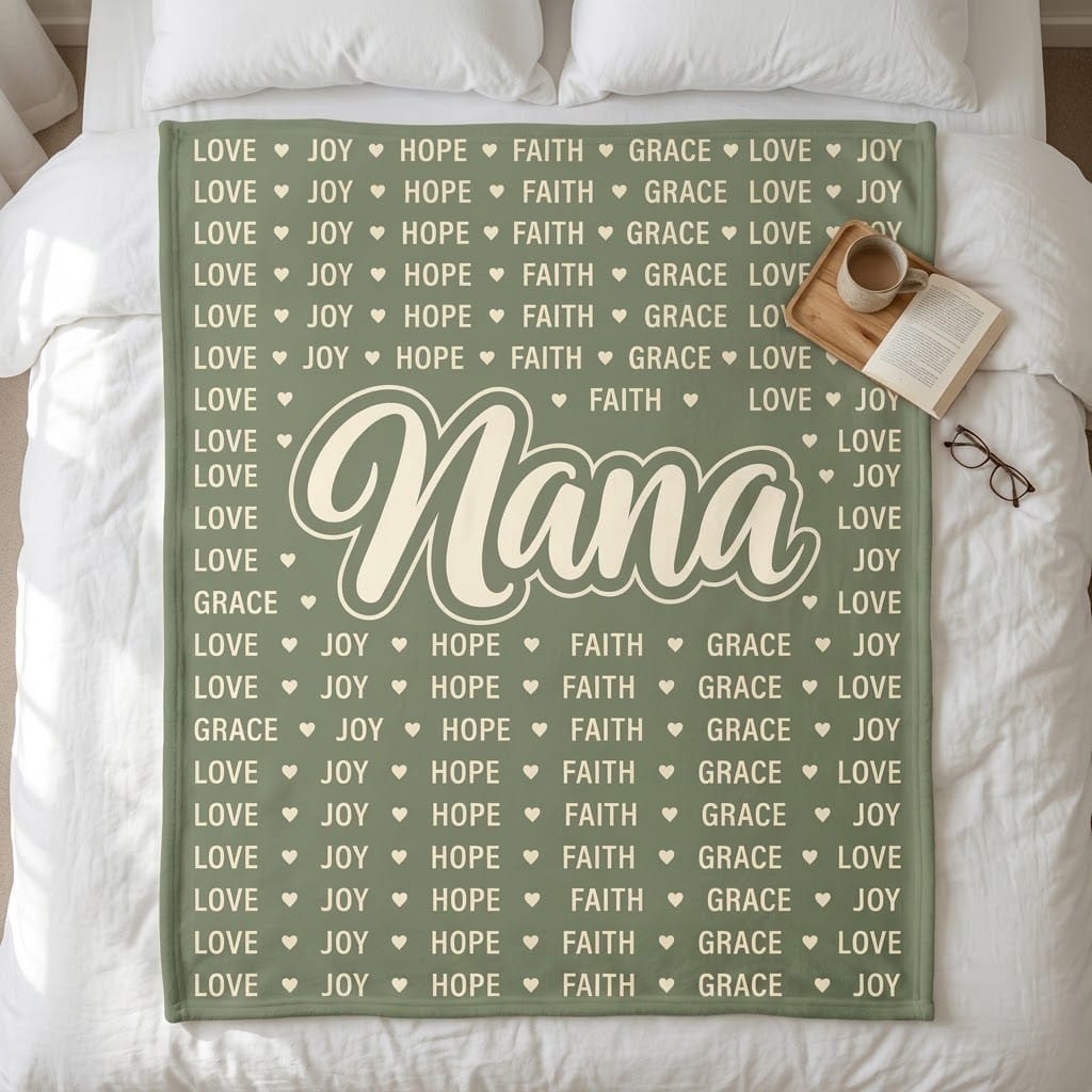 Sage Nana word pattern flannel blanket on a bed with coffee and a book