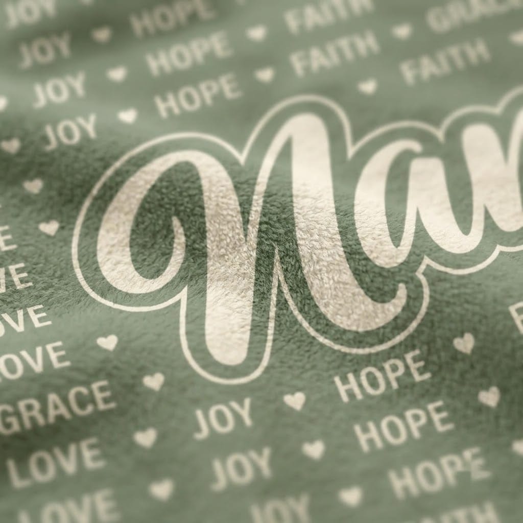 Close-up of Nana script and repeating word pattern on sage flannel