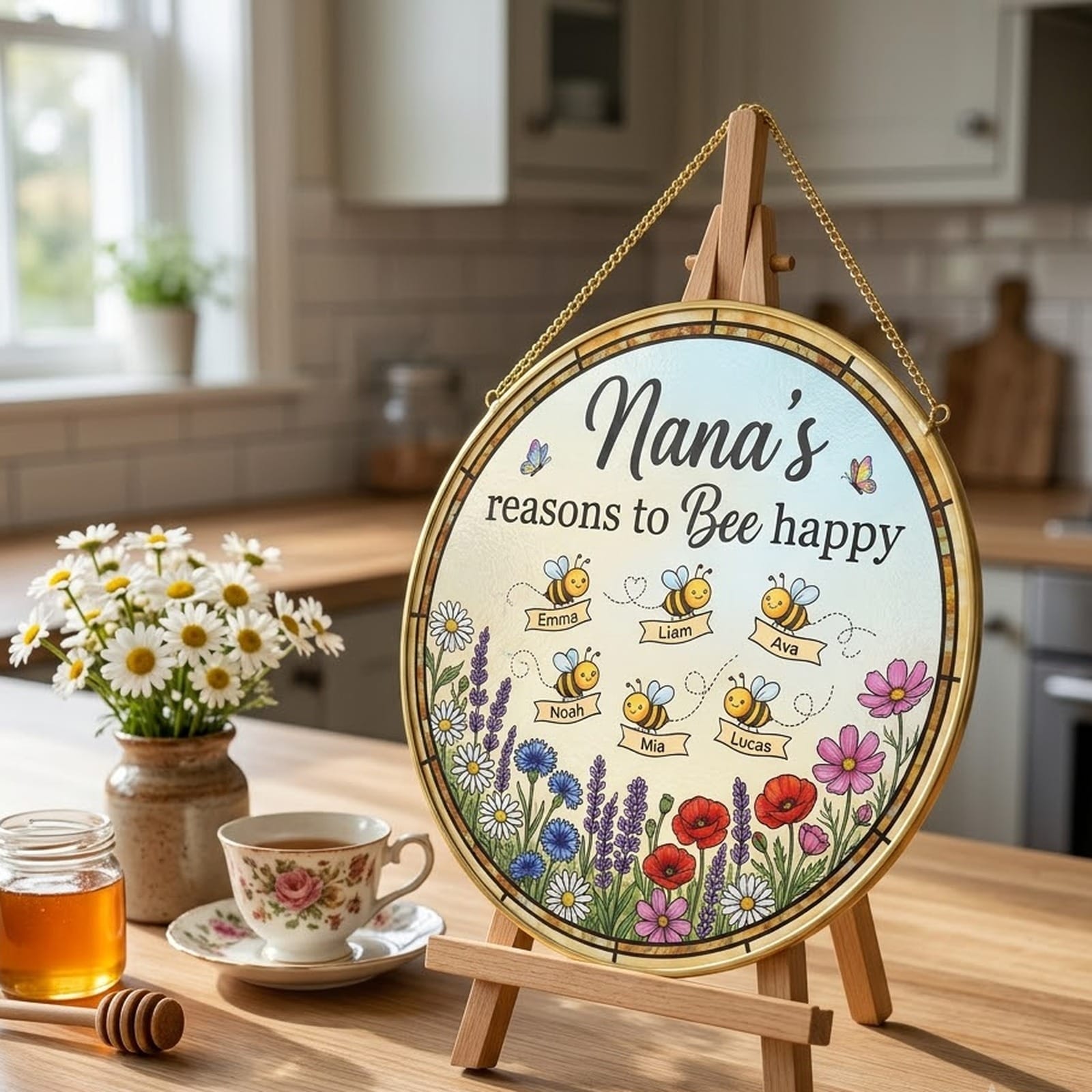 Nana suncatcher on a windowsill beside a teacup and honey jar