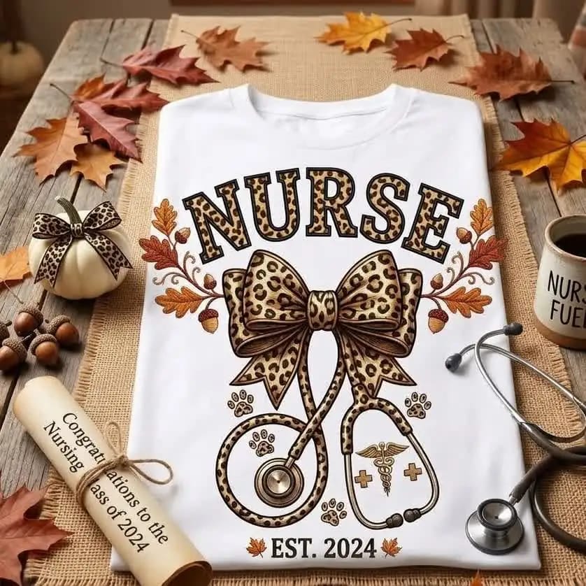White nurse tee flat lay with stethoscope and autumn leaves