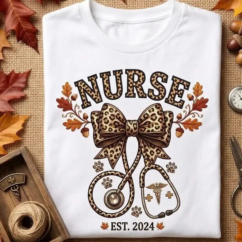 Leopard NURSE lettering and heart stethoscope design close view