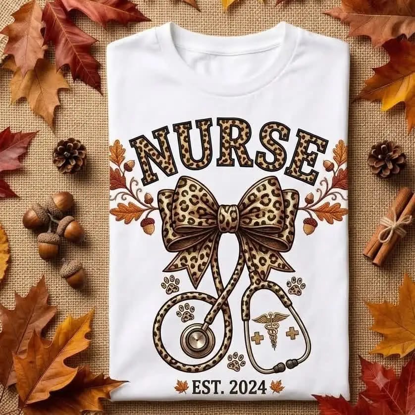 Fall nurse shirt with leopard bow surrounded by acorns and pinecones