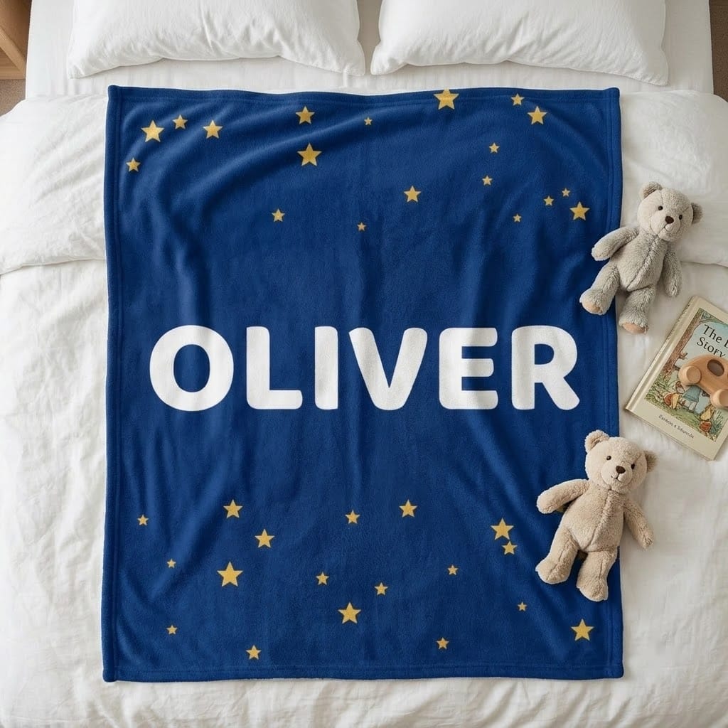 Navy star name flannel blanket laid flat on a bed with teddy bears