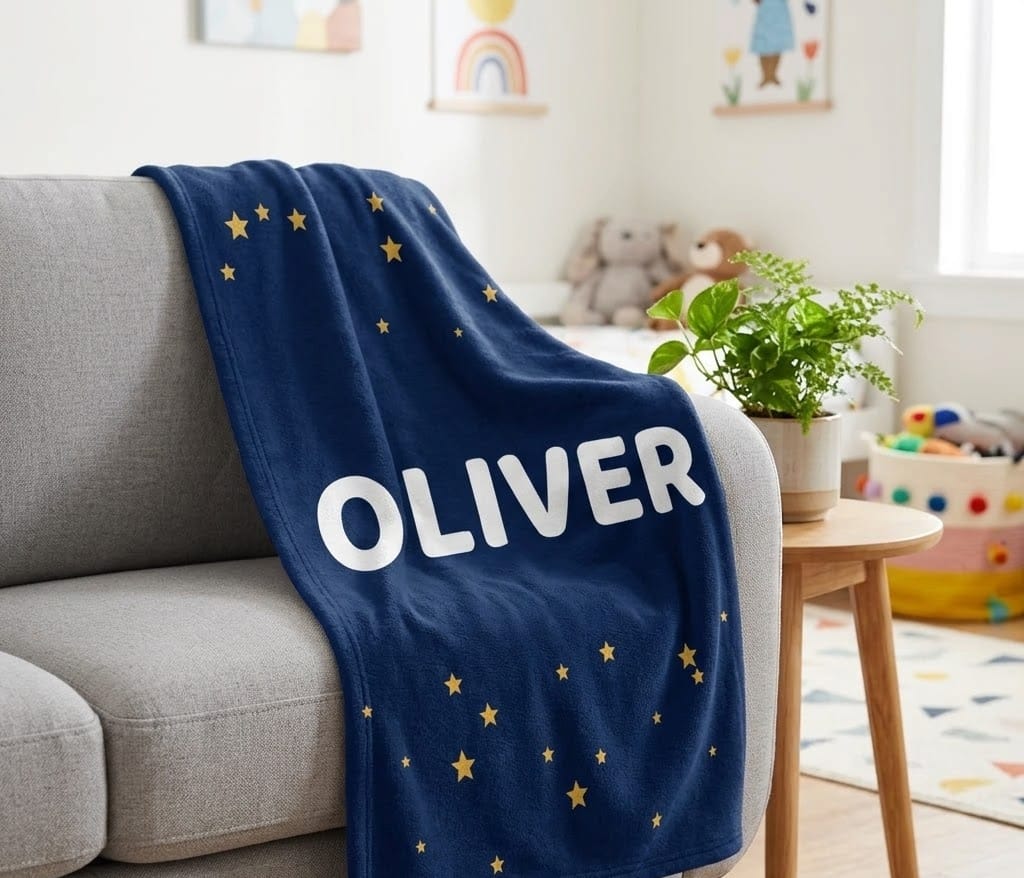 Kids name throw blanket draped over a gray sofa in a playroom