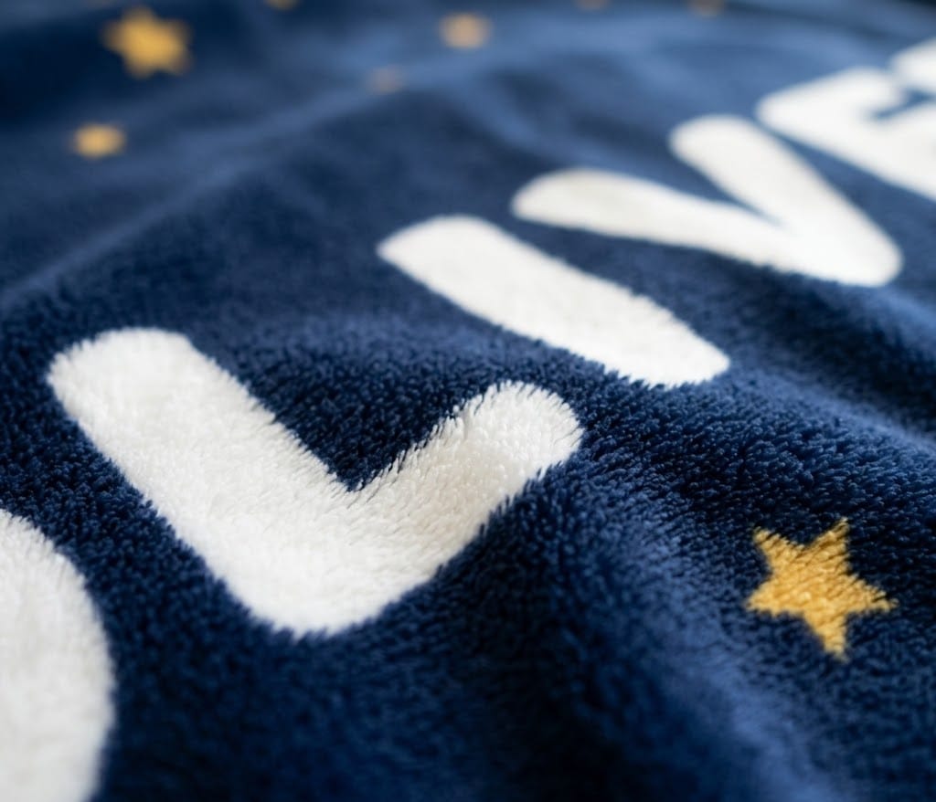 Close-up of rounded OLIVER lettering and gold star on soft flannel