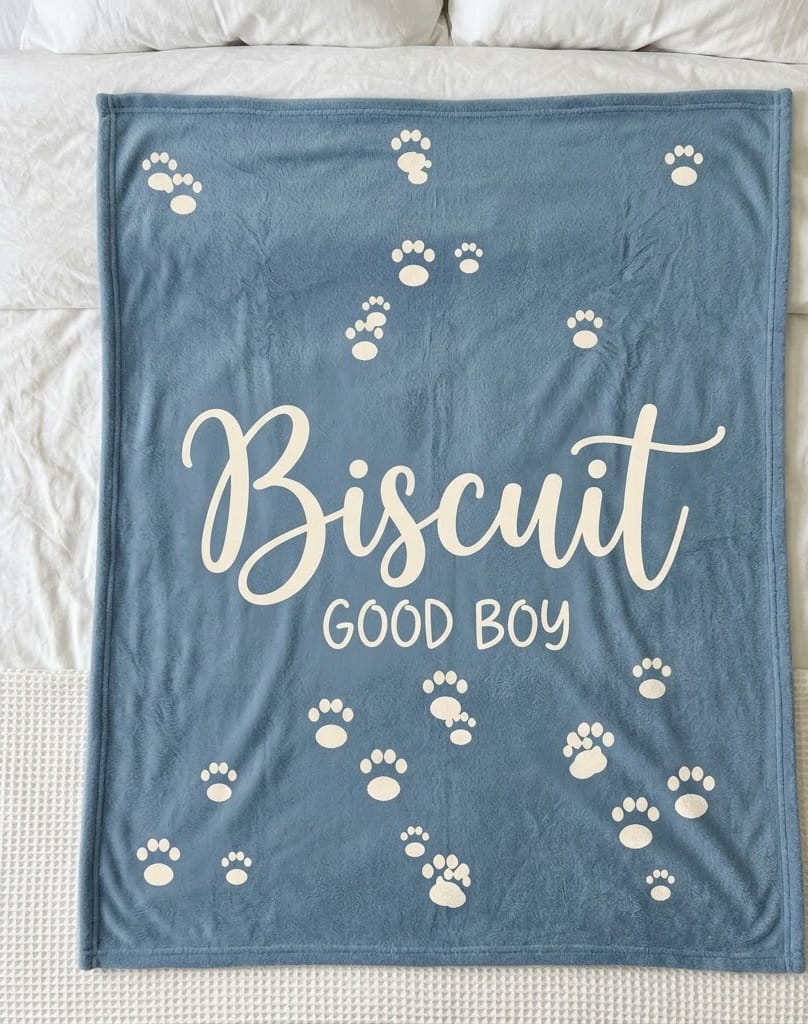 Pet name blanket with Biscuit script and paw prints on dusty blue