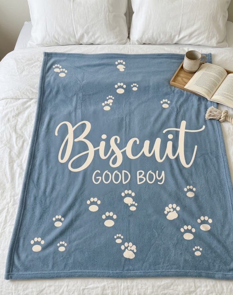 Dusty blue Biscuit paw print flannel blanket on a bed with a book