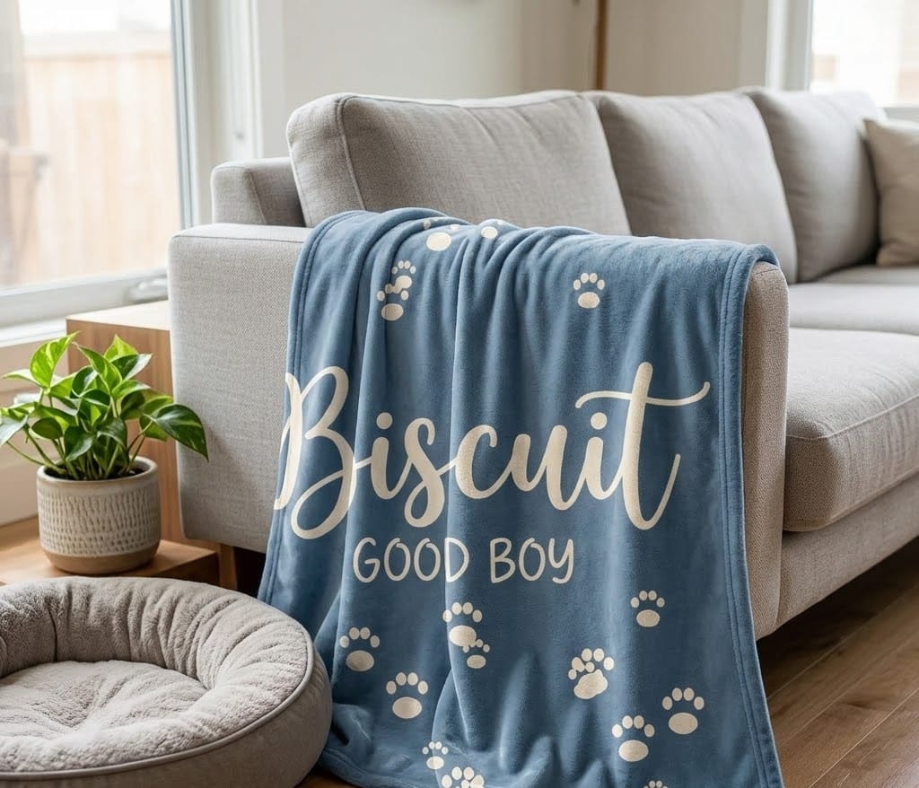 Biscuit dog name throw blanket draped over a sofa by a dog bed