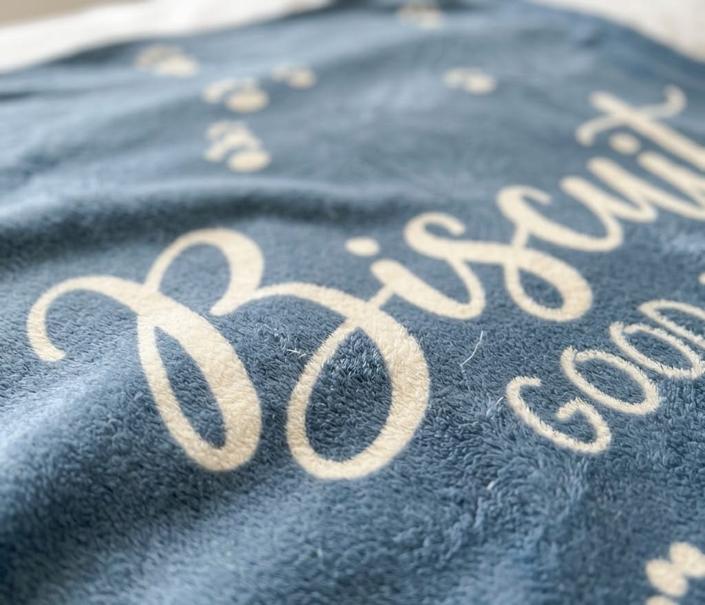 Close-up of cream Biscuit script and Good Boy line on flannel