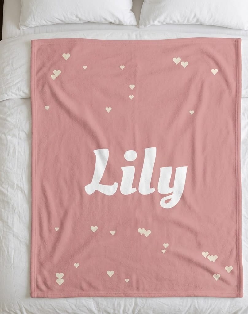 Pink name blanket with Lily in white script and cream hearts, flat on a bed