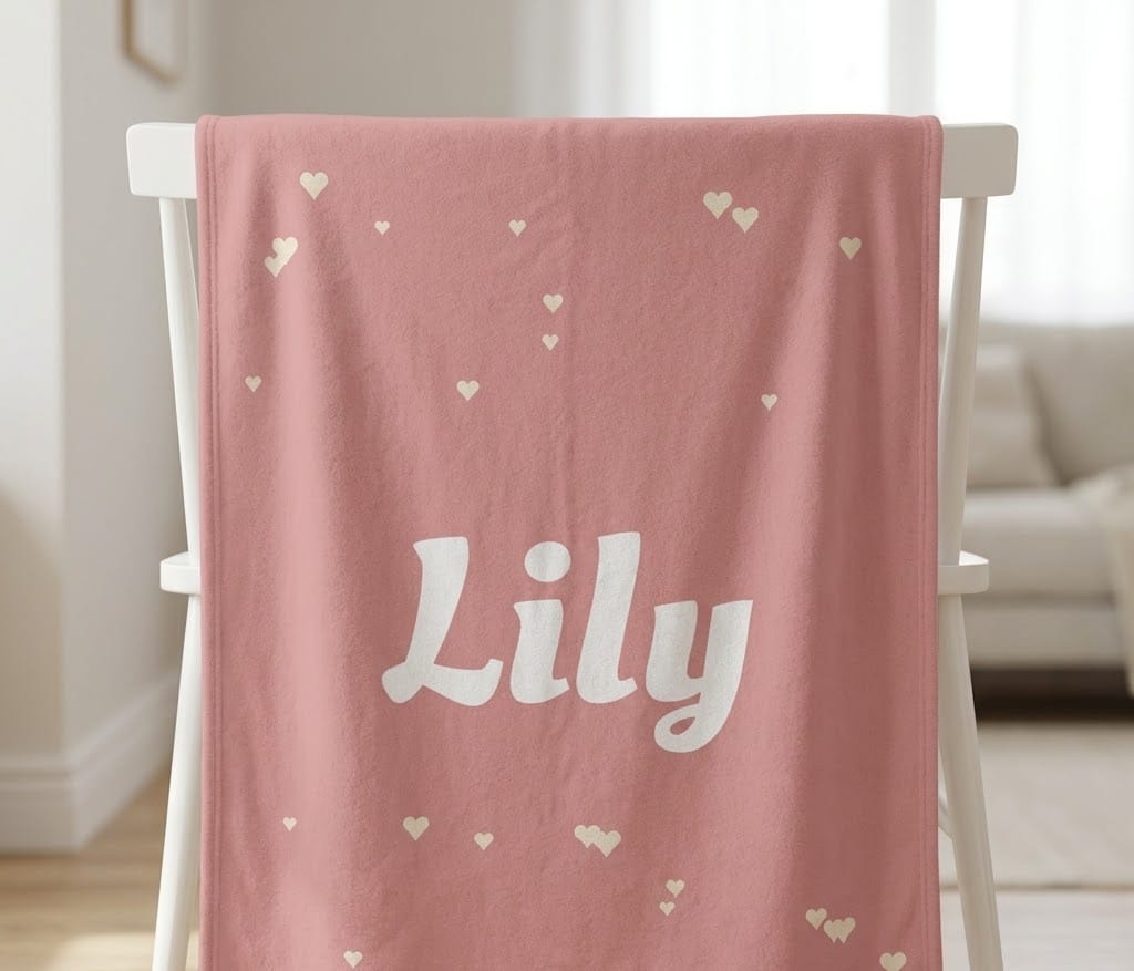 Lily pink name throw hung flat over the back of a white wooden chair