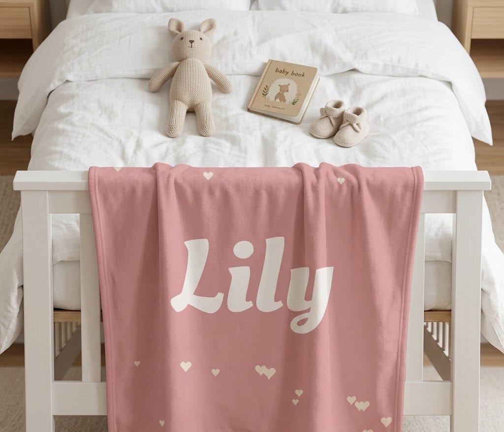 Lily pink heart name blanket draped over a white wooden bed footboard