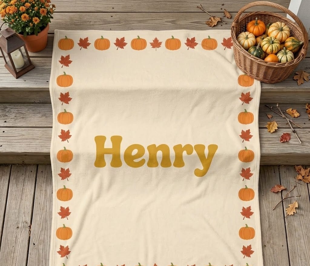 Folded Henry fall name blanket on a porch step with pumpkins
