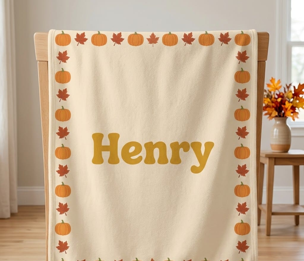 Henry pumpkin name blanket hung on a wooden chair back