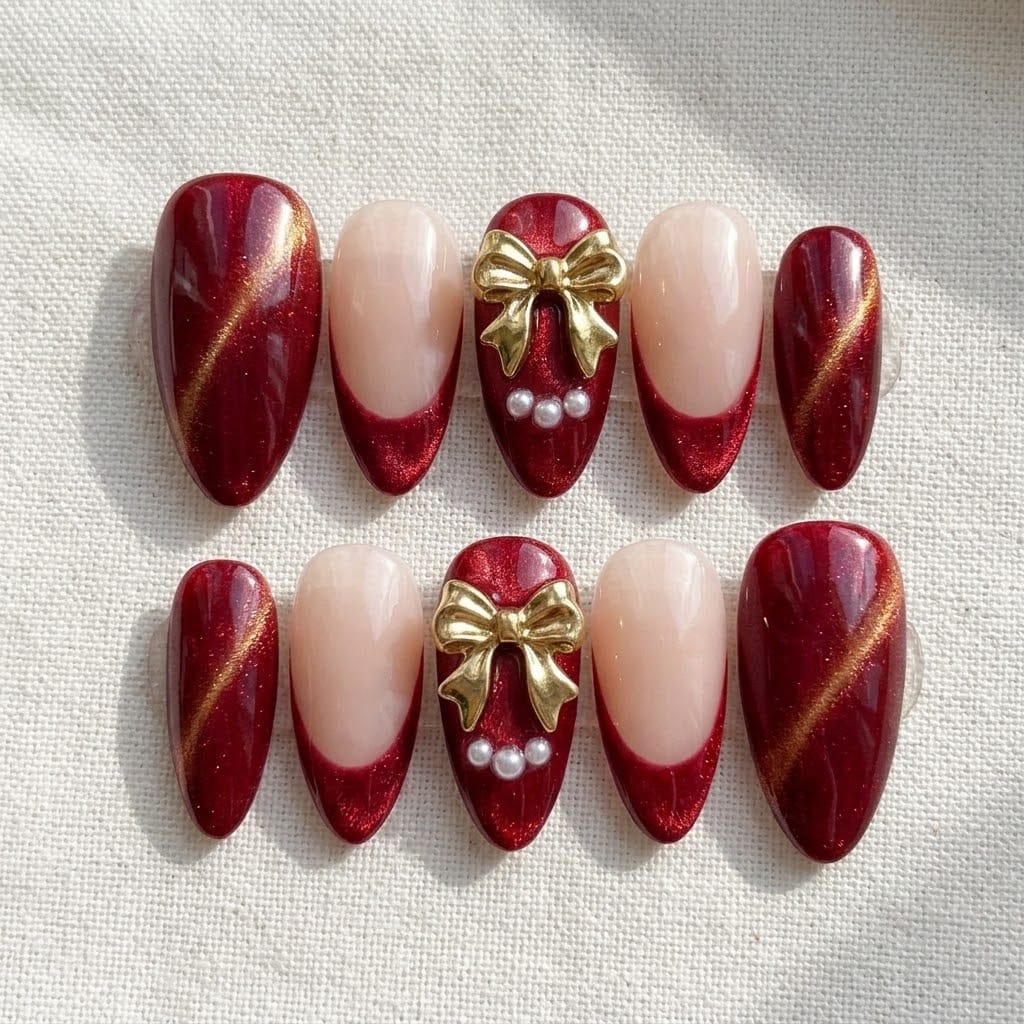 Red cat eye press on nails set with 3D gold bow, two mirrored rows