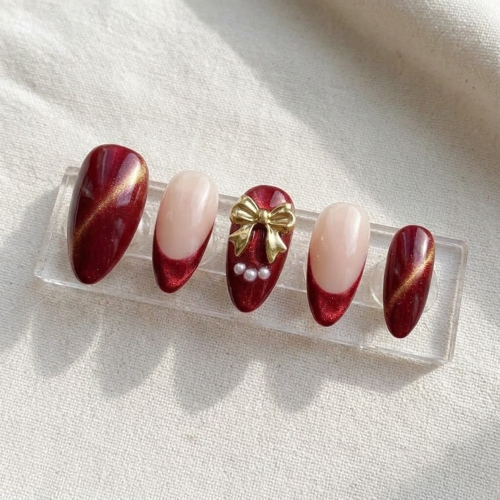 Five red cat eye press on nails on a clear acrylic stand