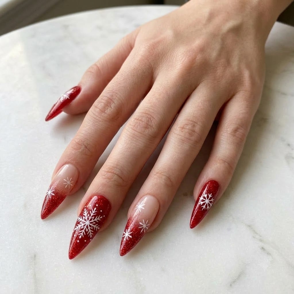 Hand wearing red snowflake nails with the hero snowflake on the middle finger