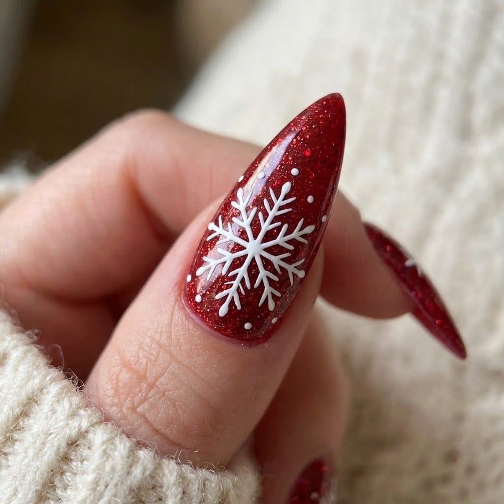 Close-up of the hero red glitter stiletto nail with a hand-painted white snowflake