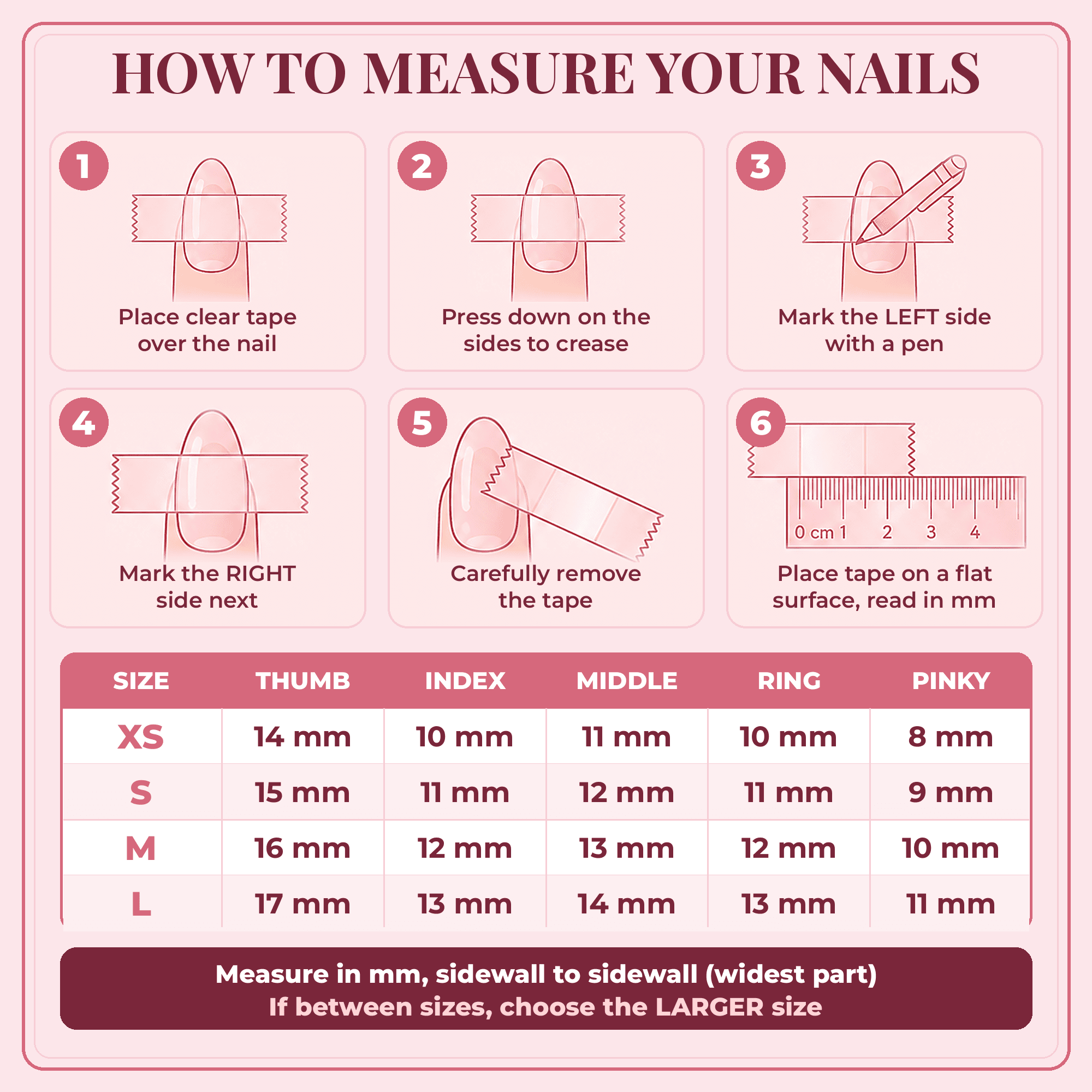 Press on nails size chart in millimeters per finger