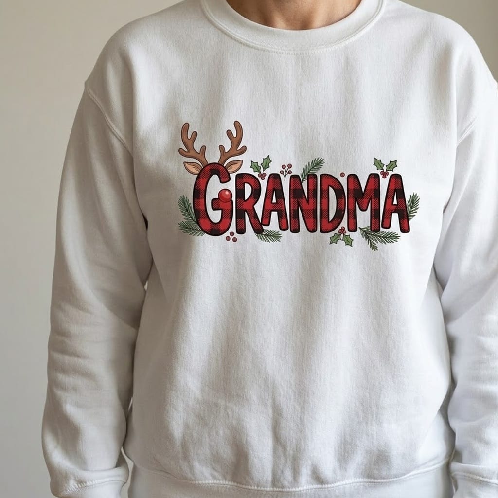 Person wearing a white crewneck with plaid Grandma letters and reindeer antlers