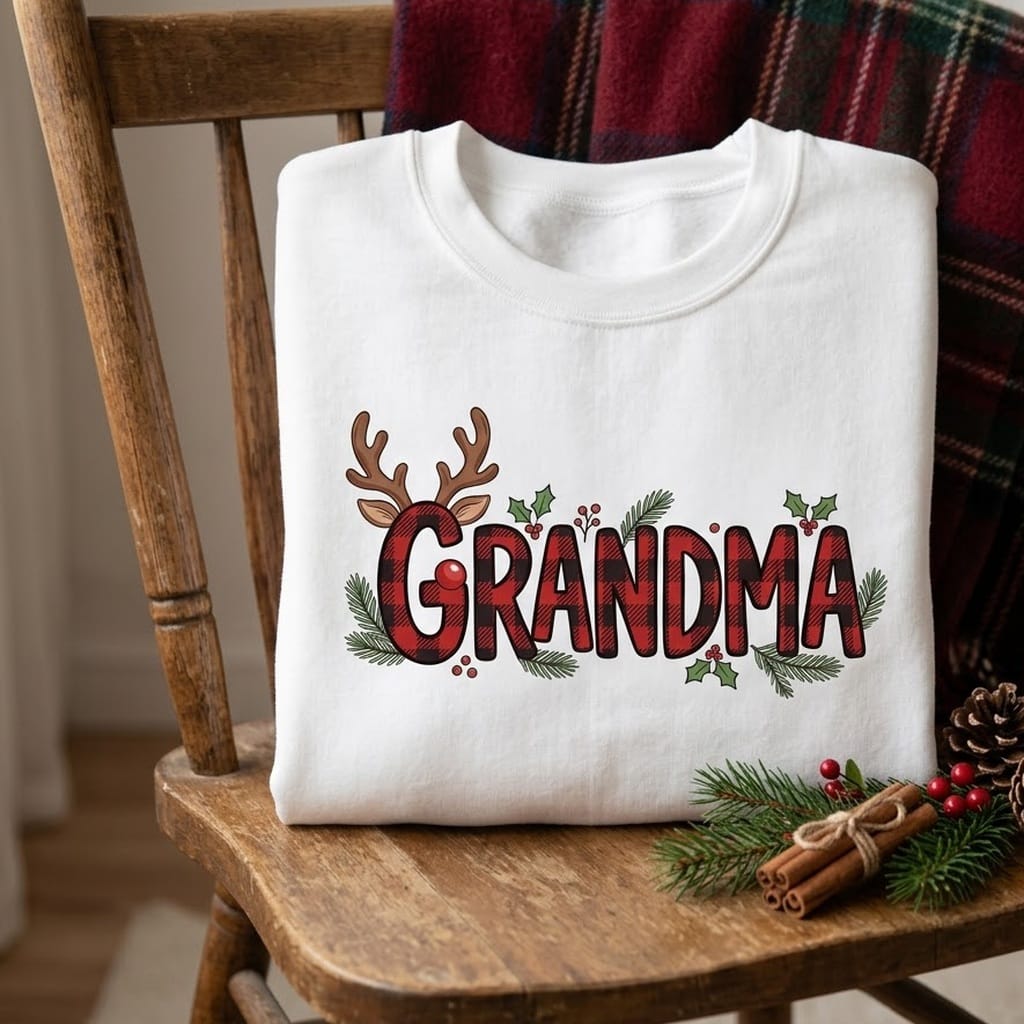 Folded Christmas crewneck on a wooden chair with a plaid blanket and pine