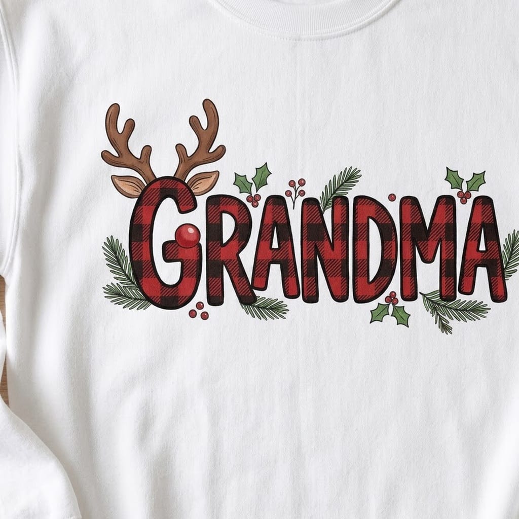 Close-up of red buffalo plaid letters, antlers and a shiny red nose