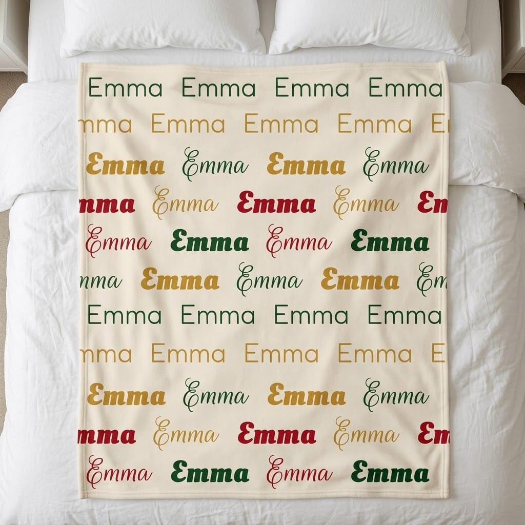 Repeat name blanket with Emma in red green and gold fonts on cream