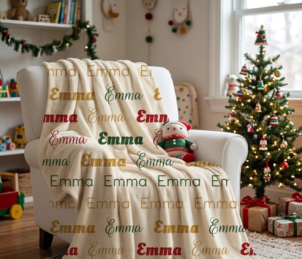 Kids repeat name throw draped over an armchair by a Christmas tree