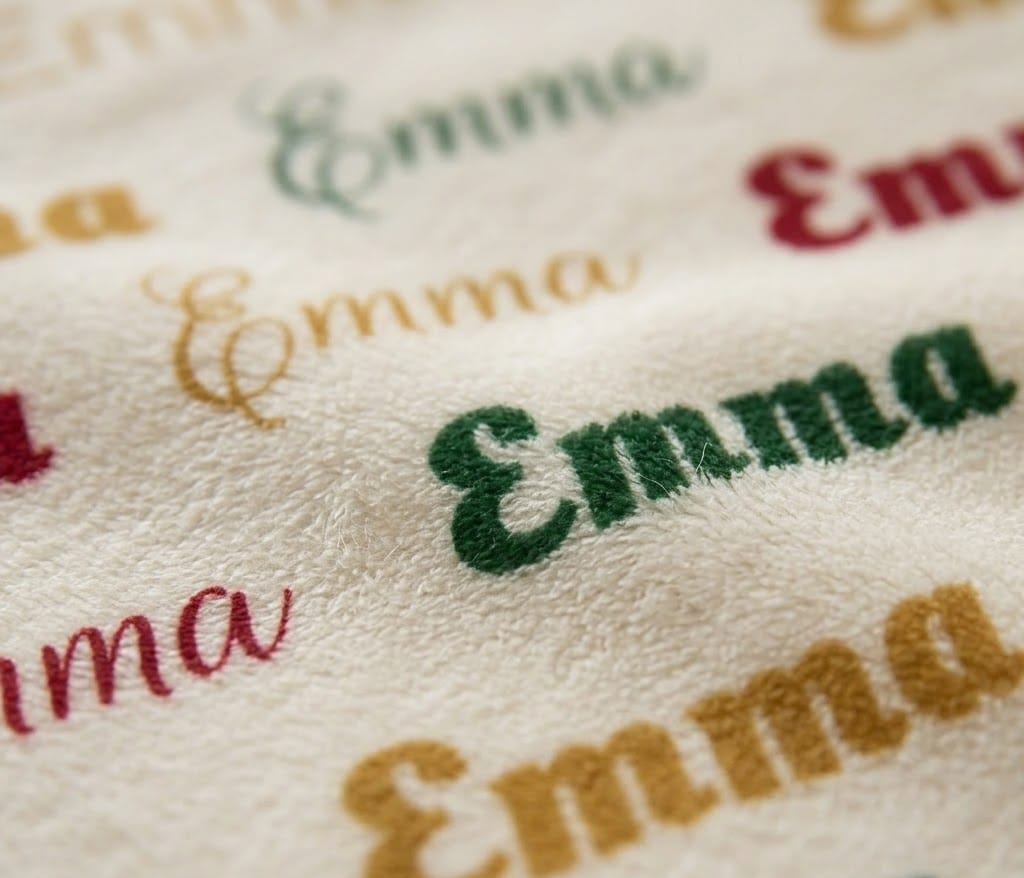 Close-up of mixed font Emma name pattern on cream flannel