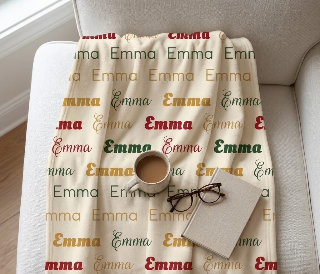 Emma Christmas name pattern throw on a sofa with coffee and a book