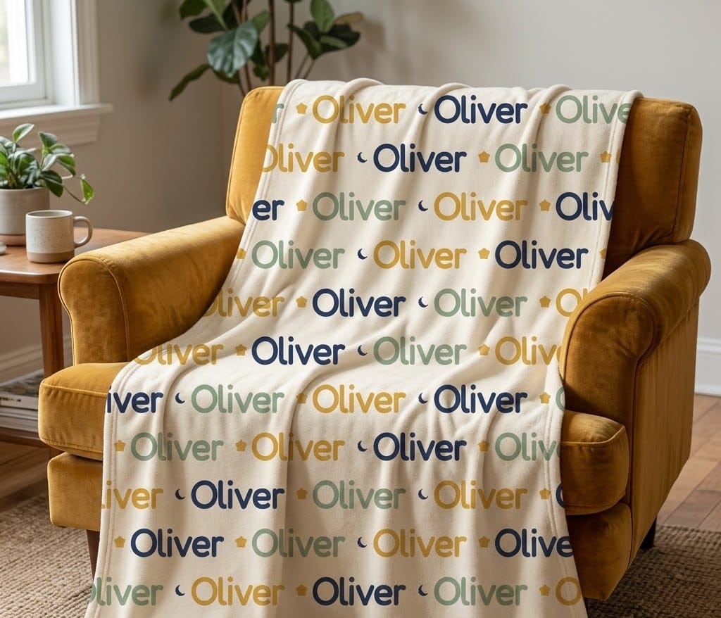 Oliver repeat name blanket on a mustard armchair, angled view