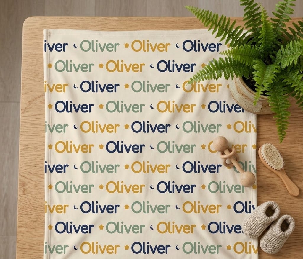Oliver repeat name blanket laid on an oak table beside a fern