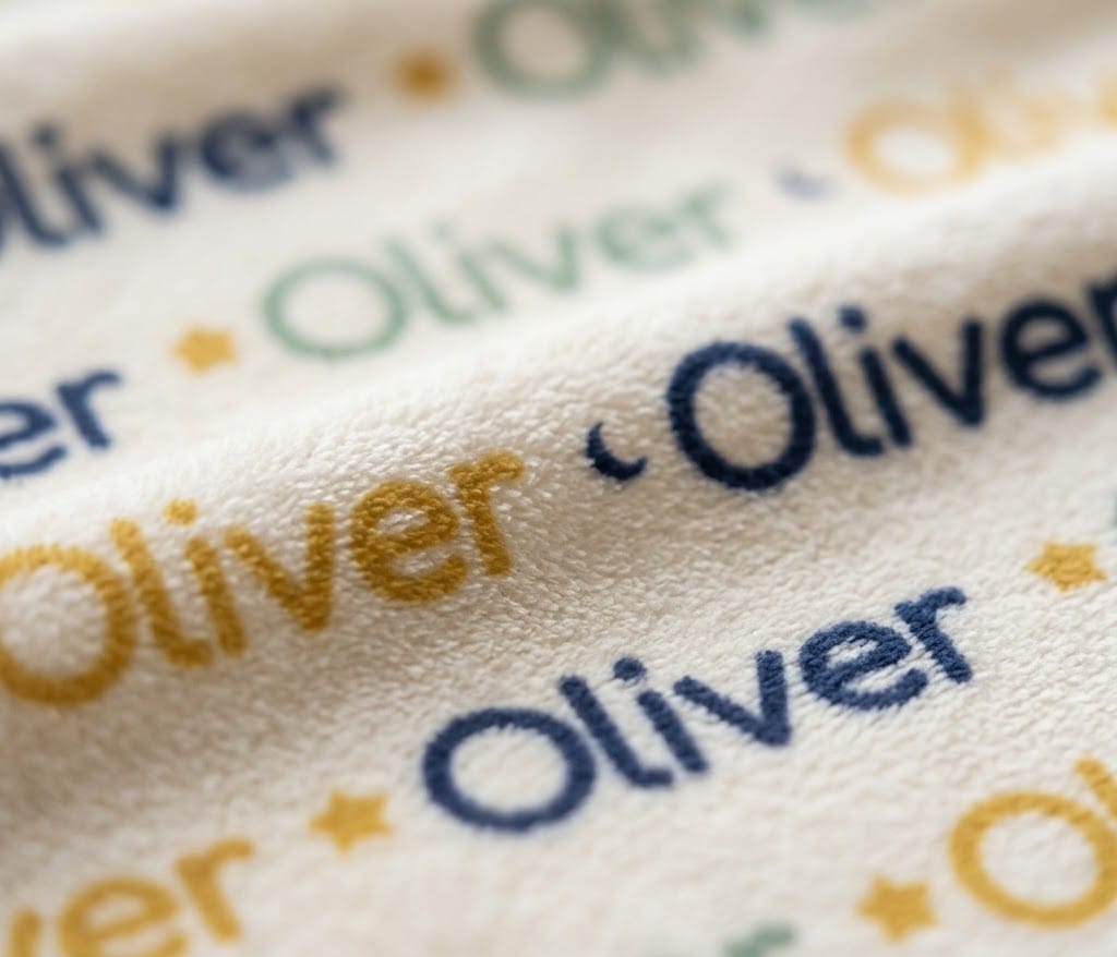 Detail of repeated Oliver names with tiny stars and moons on flannel