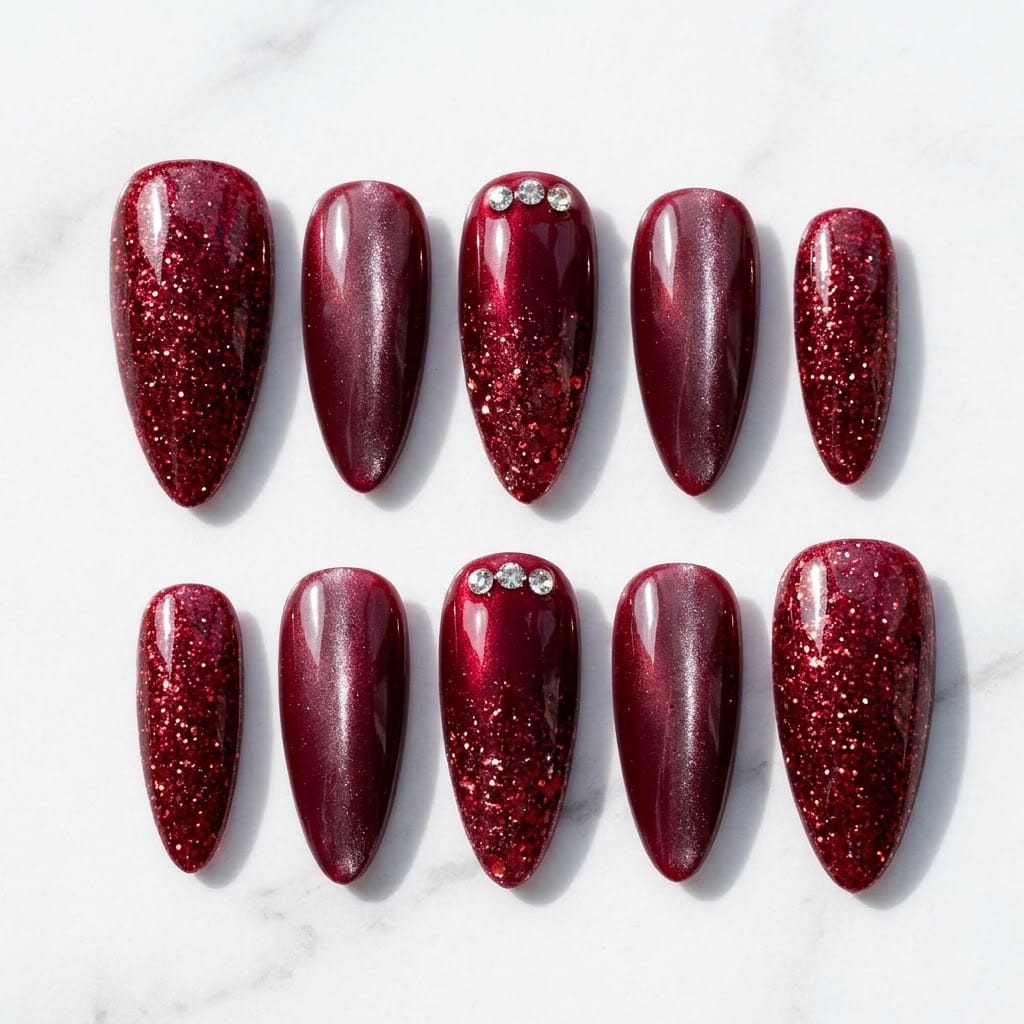 Ruby glitter press on nails set with red cat eye, two mirrored rows