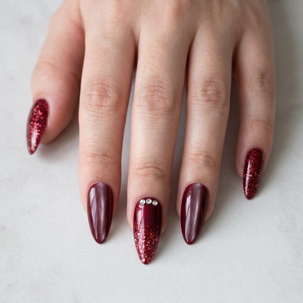 Hand wearing ruby glitter and red cat eye almond press on nails