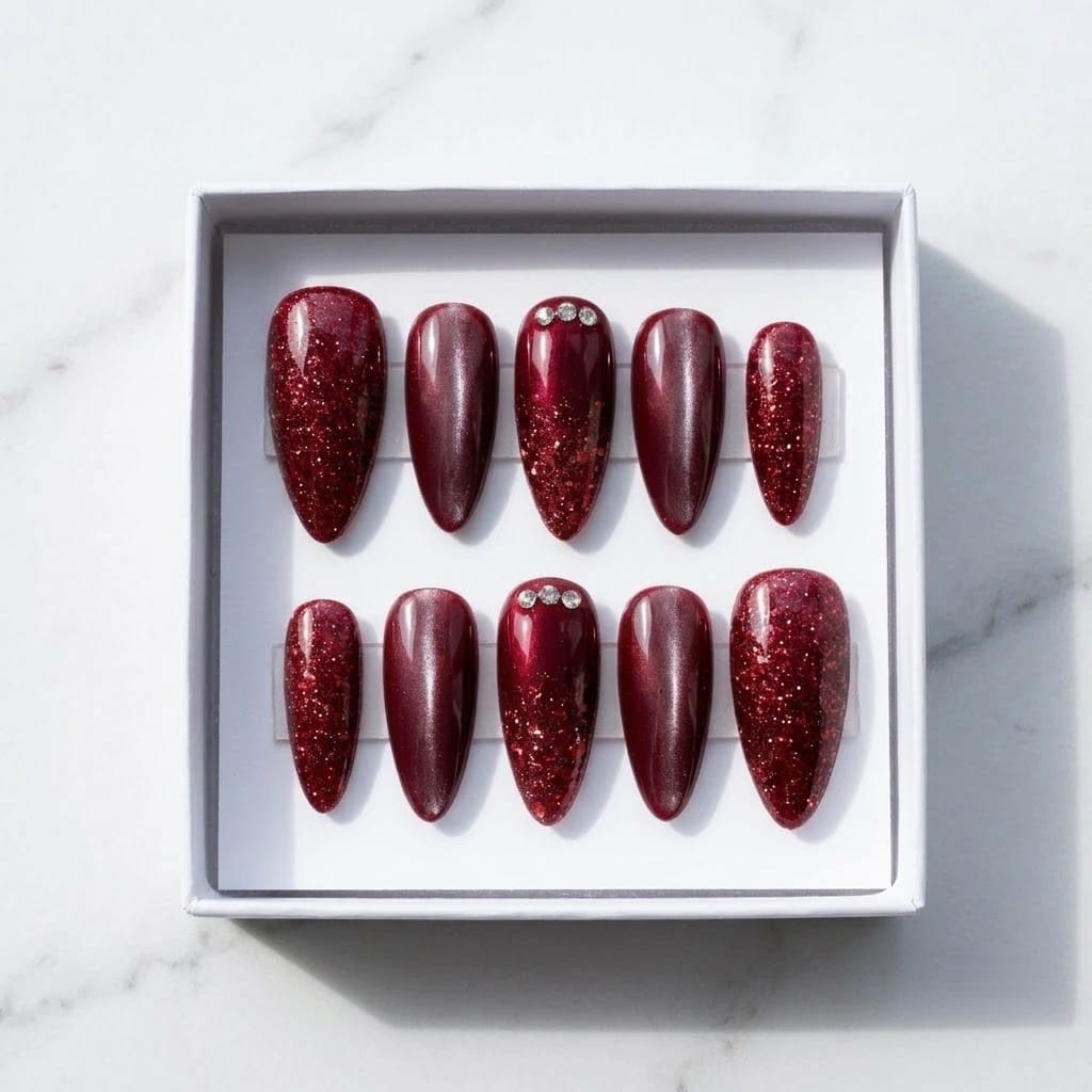 Ruby glitter press on nails set in a white gift box