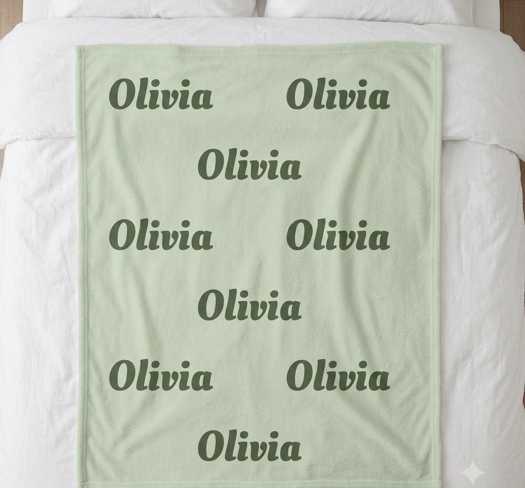 Script name blanket with Olivia repeated in olive script on sage, flat on a bed