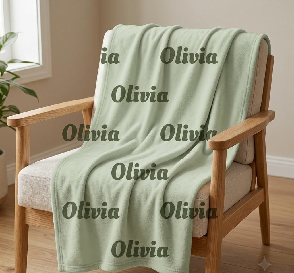 Olivia sage script name blanket on an oak armchair, angled view