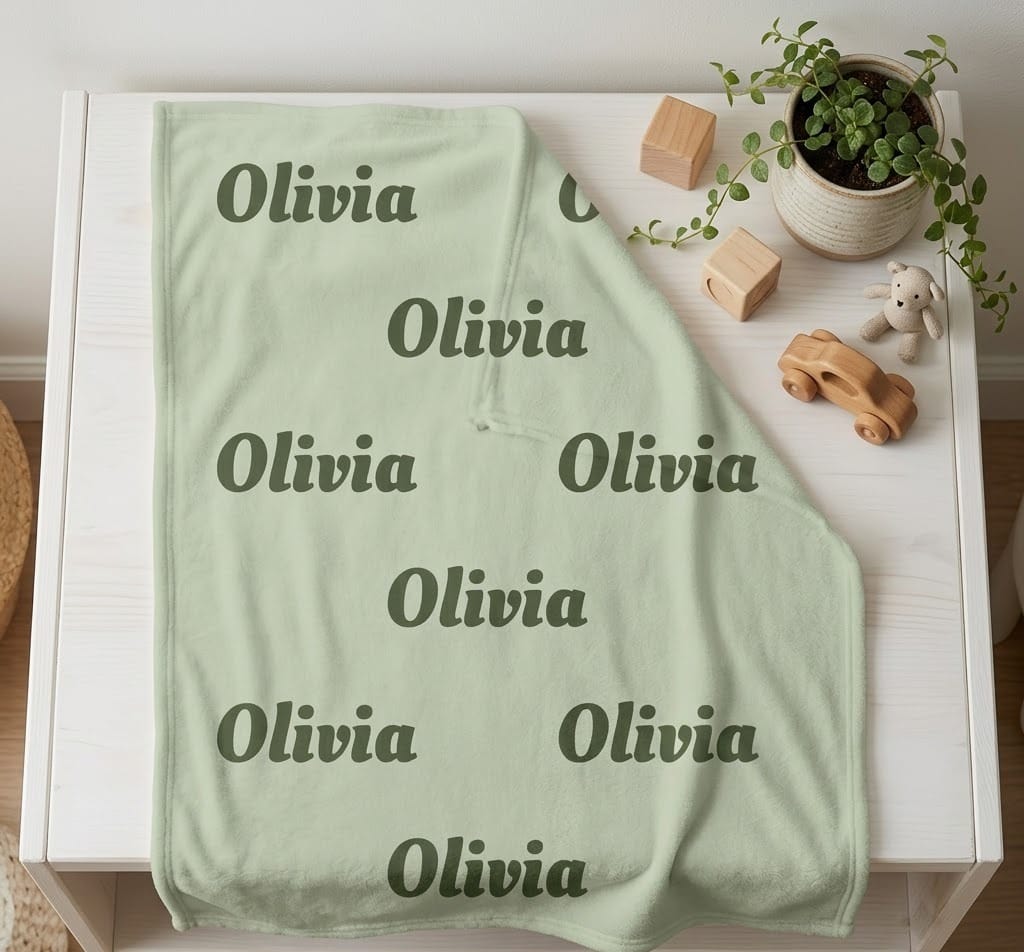 Olivia script name blanket laid on a white toy shelf with a plant