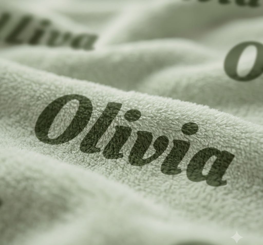 Close up of the Olivia script name printed on sage flannel