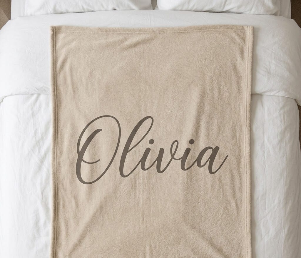 Script name throw blanket with Olivia in taupe on oatmeal, flat on a bed