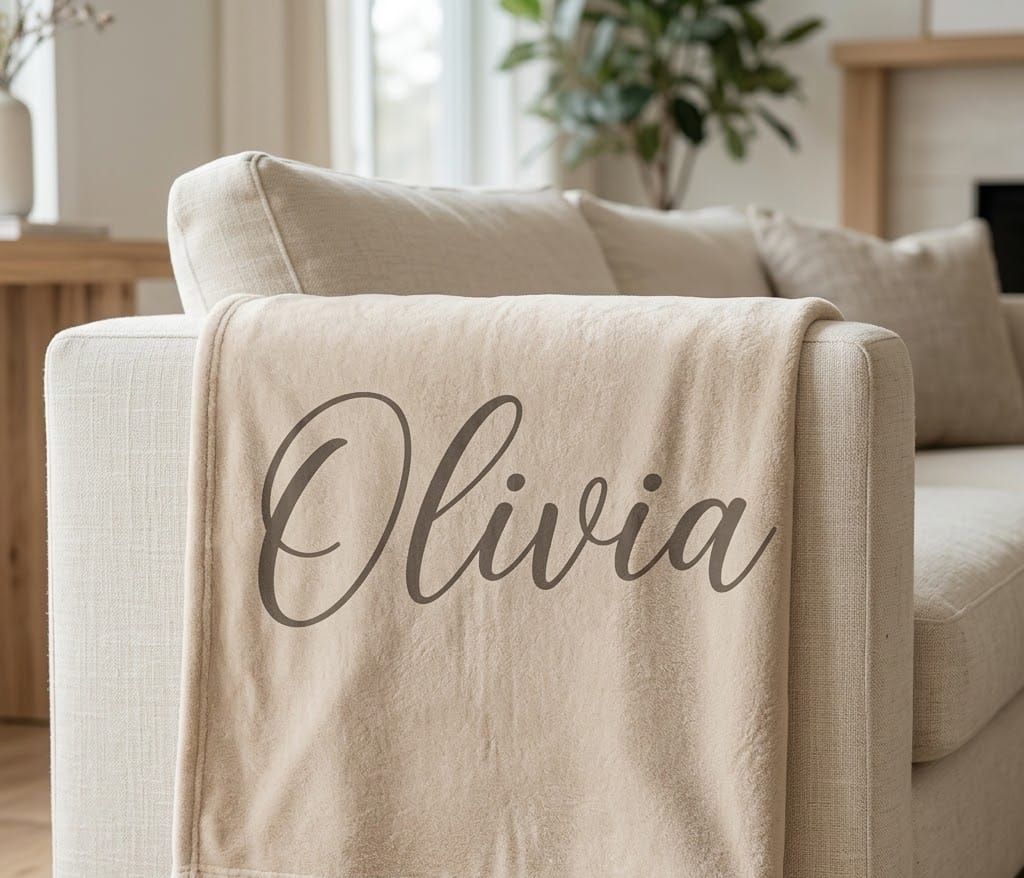 Olivia script name throw draped over a cream linen sofa arm