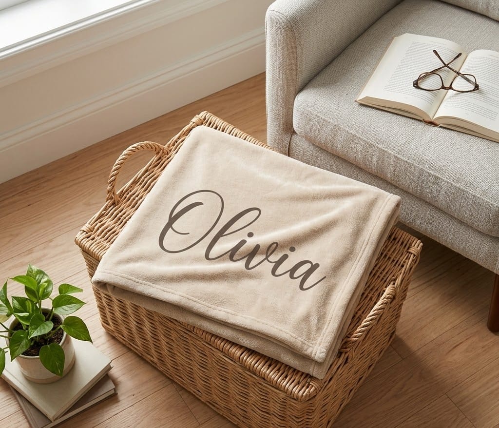 Folded Olivia script name throw in a wicker basket by a chair