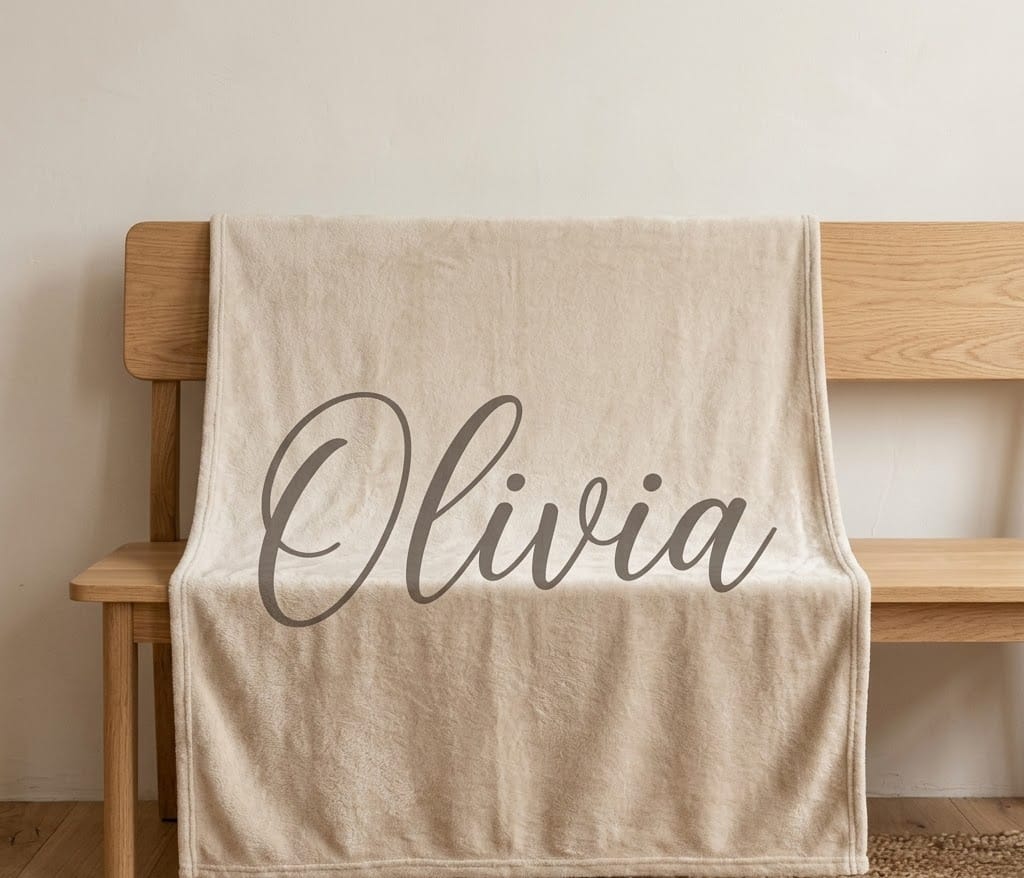 Neutral Olivia script name throw draped over a light oak bench
