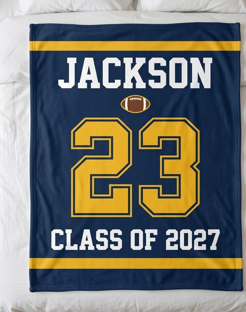 Senior football blanket with Jackson name and number 23 on navy