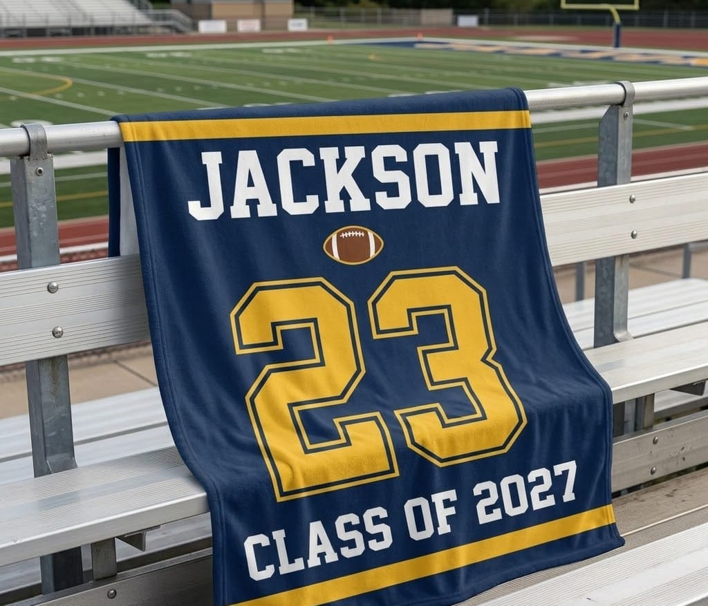 Navy and gold Jackson 23 football blanket draped over stadium bleacher railing
