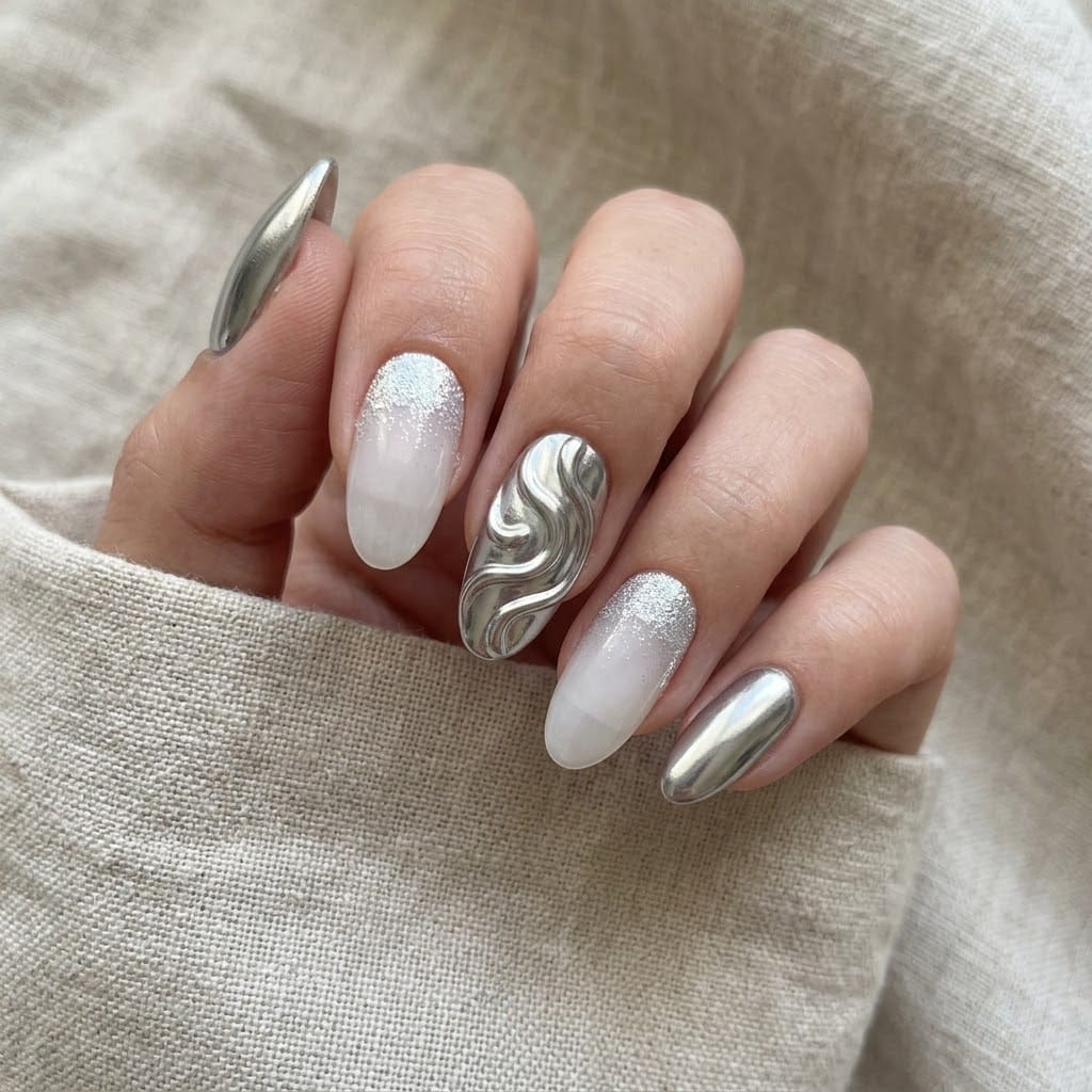 Hand wearing silver chrome nails with the hero design on the middle finger