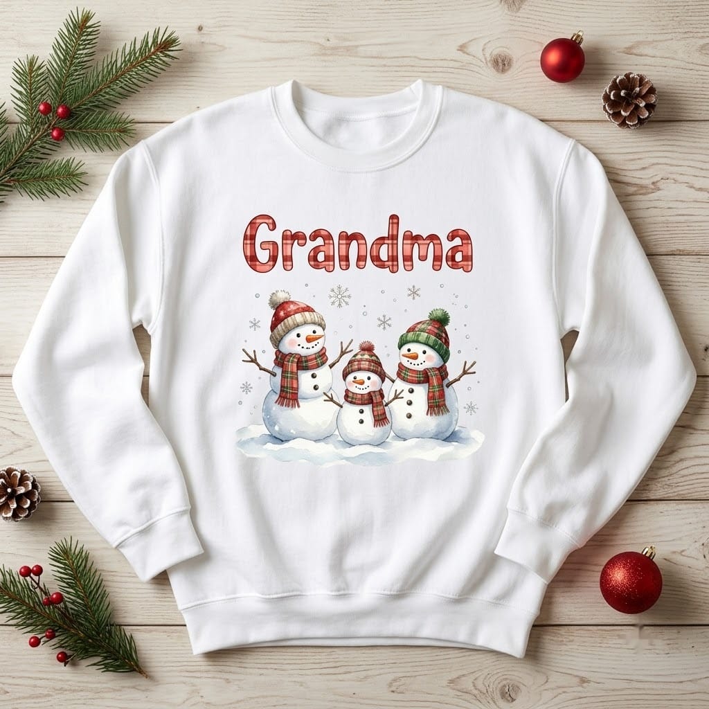 Snowman grandma sweatshirt in white with three snowmen in plaid scarves