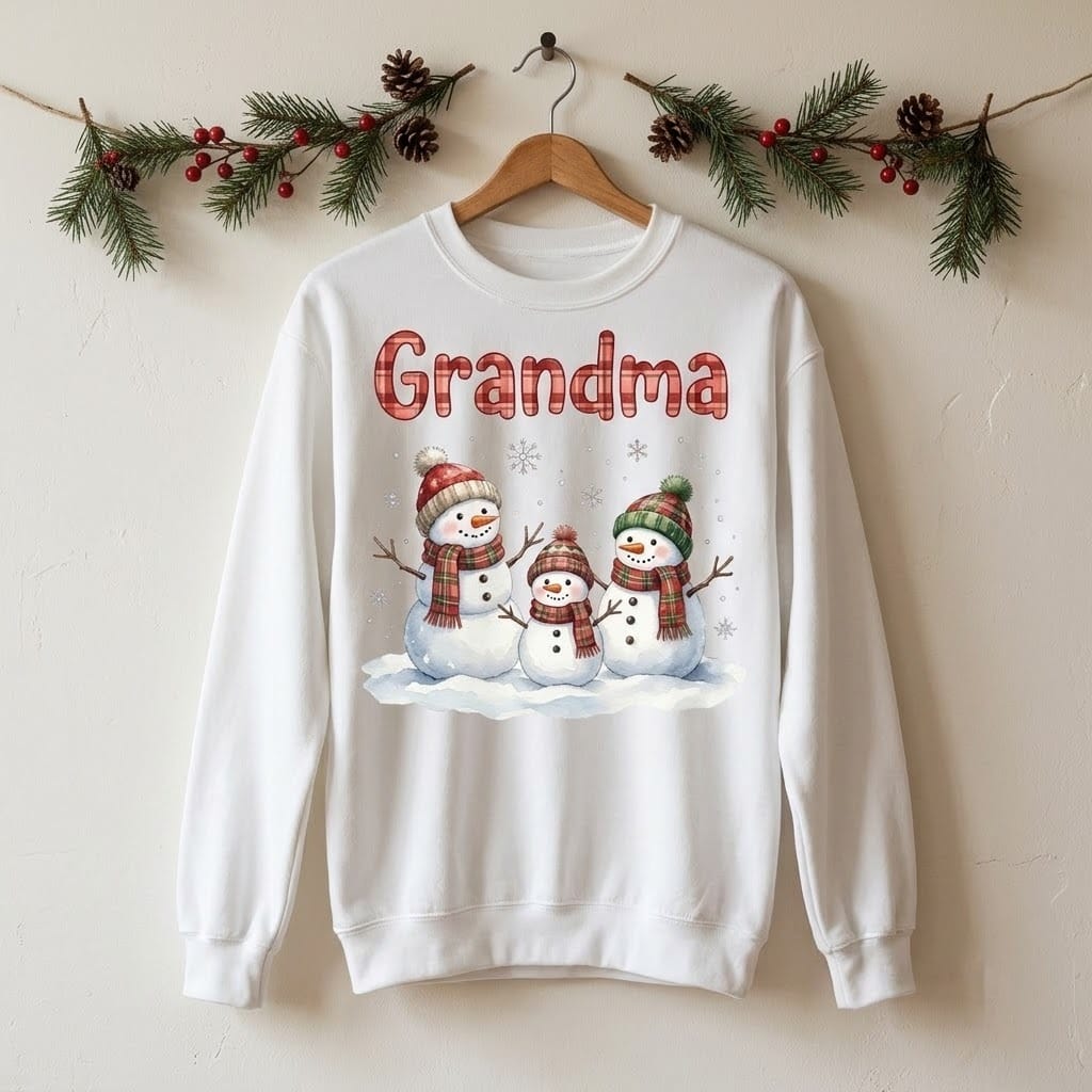 White winter crewneck on a wooden hanger under a pine cone garland
